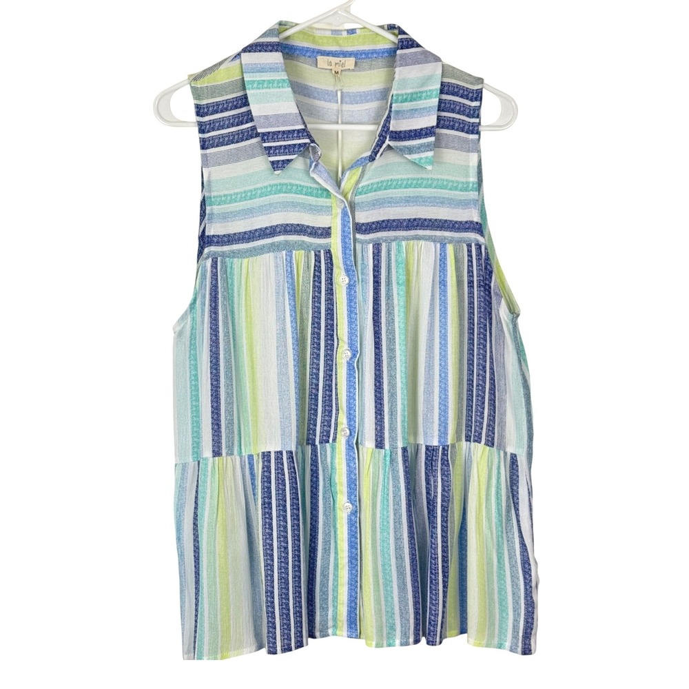Striped Colorful Sleeveless Babydoll Button Down Top Lightweight Beachy NWT